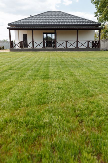 草刈り後にきれいに手入れされた戸建て住宅の庭と芝生